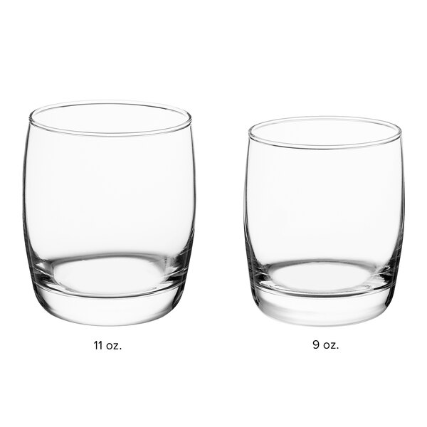 Two Acopa rocks glasses with measurements on a white background.