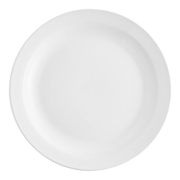 An Acopa bright white stoneware plate with a narrow white rim.