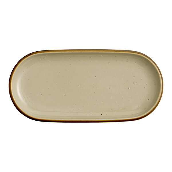 An oblong granite gray stoneware platter with a slightly raised rim and a smooth finish.