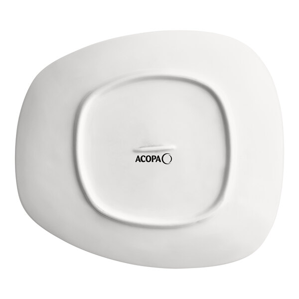 An Acopa Nova cream white stoneware plate with an asymmetric shape and square edge.