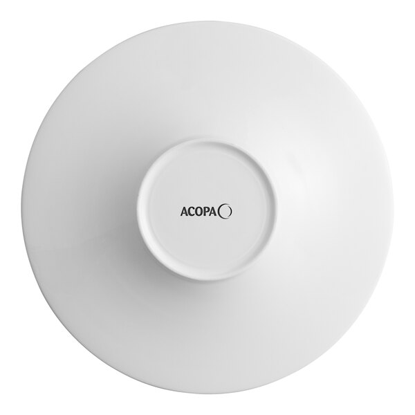 A white porcelain pasta bowl with embossed lines and a wide rim, shown upside down with the Acopa logo visible on the bottom.