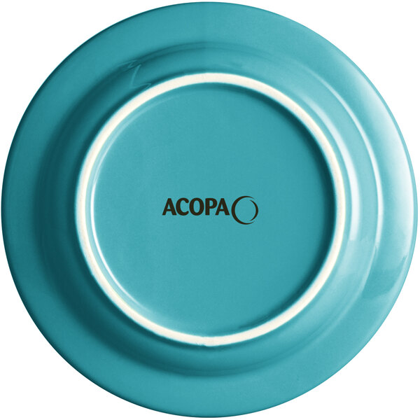 A Caribbean turquoise stoneware plate with a white rim and black text that says "Acopa"