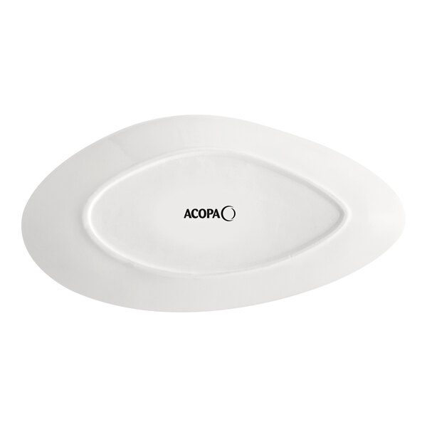 An Acopa cream white triangle shaped stoneware plate with the word Nova in black text.