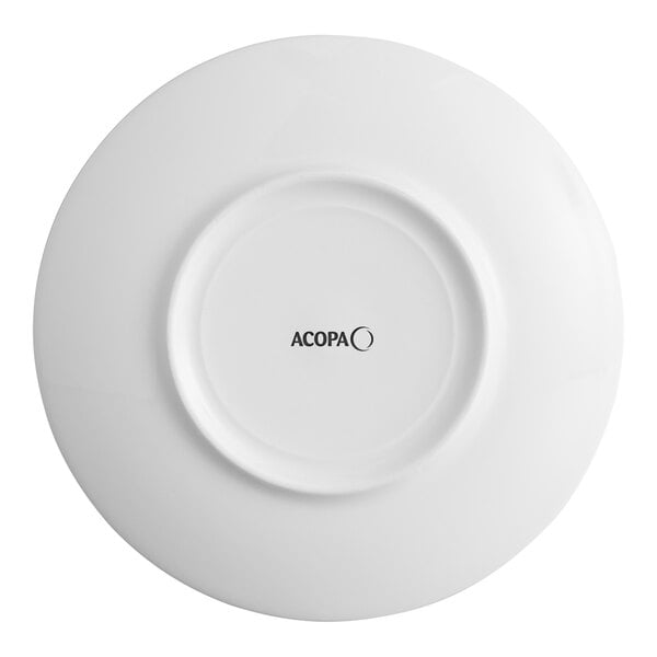 A white porcelain plate with embossed lines and a wide rim, shown from the bottom with the Acopa logo.