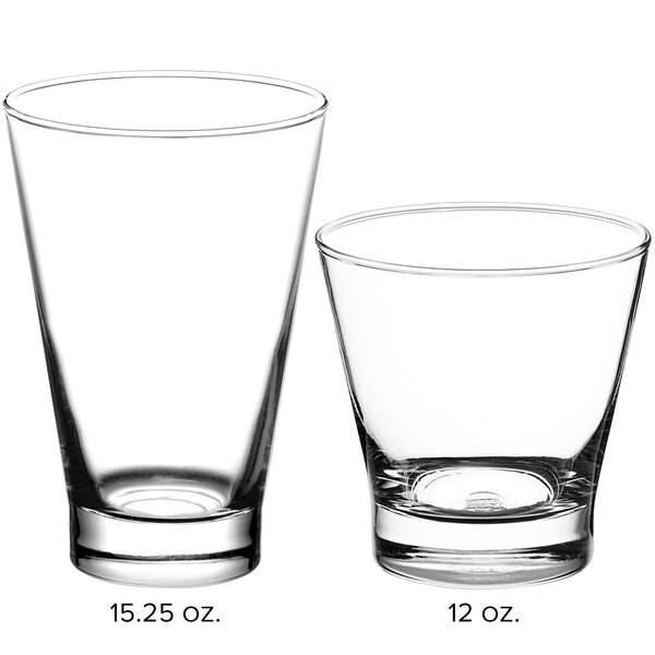 Two Acopa Fusion beverage glasses on a white background. One glass is shown close-up with measurements.