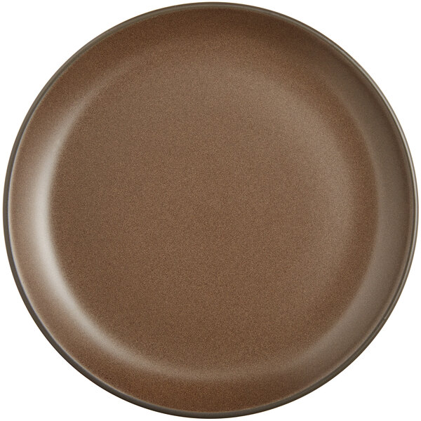 An Acopa Embers Hickory Brown Matte Coupe stoneware plate with a brown rim.