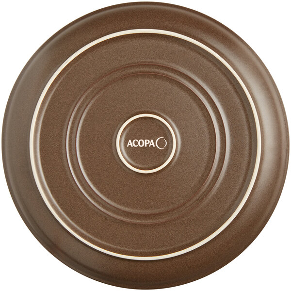 A brown Acopa coupe plate with a brown rim.