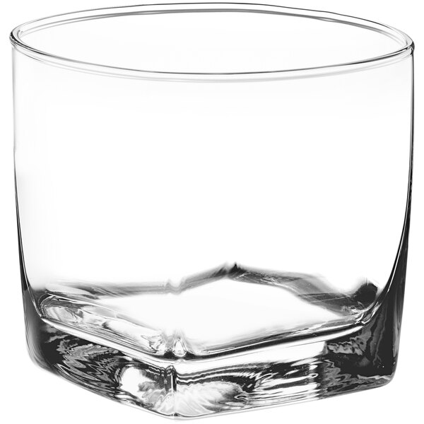 A clear Acopa rocks glass with a square bottom.