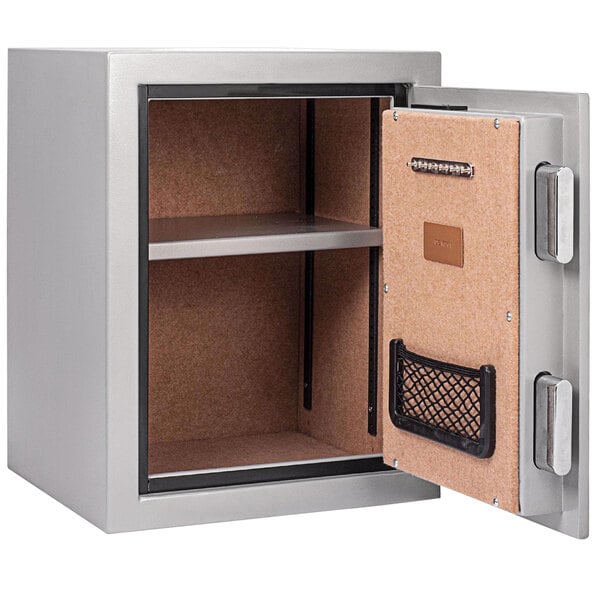 The open door of a gray Barska fireproof biometric security safe.