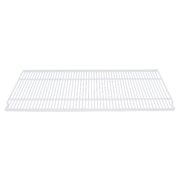 A white metal shelf with a metal grid.
