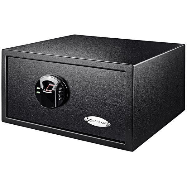 A Barska black steel surface-mount biometric security safe with a keypad and fingerprint scanner.