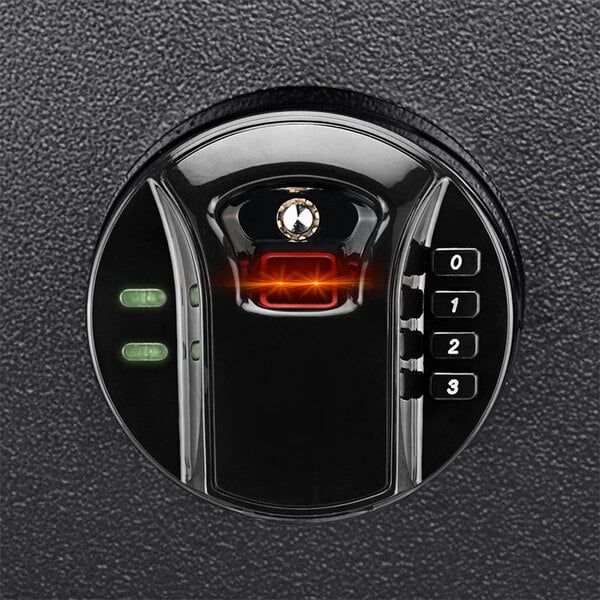 a black electronic lock with red light