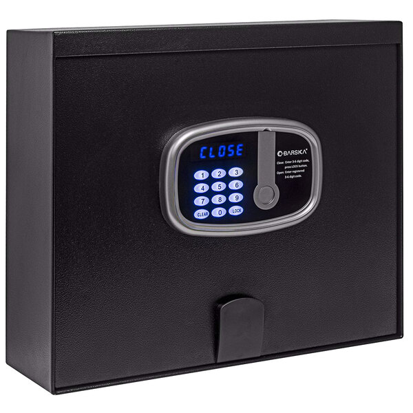 A Barska black steel hotel safe with digital keypad and key lock.