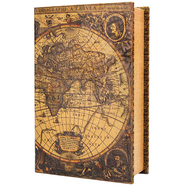 A Barska steel security box designed to look like a book with an old world map on it.