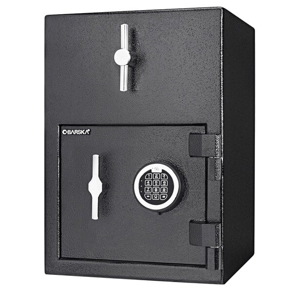 A Barska black steel depository security safe with digital keypad and key lock.