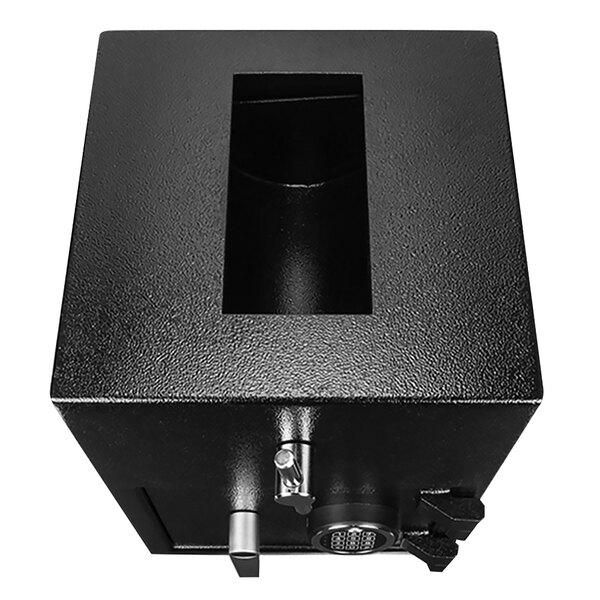 A close up of a black Barska depository safe with a keyhole on top.