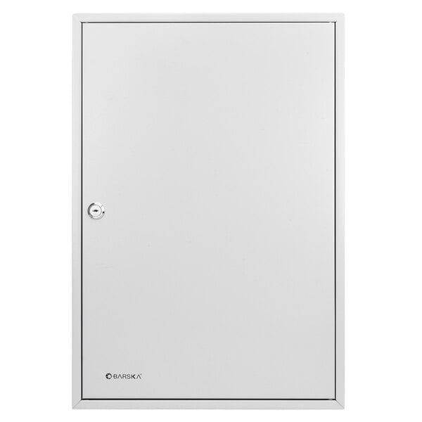 A gray steel Barska key cabinet with a lock on the door.