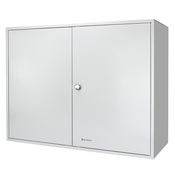 A gray steel Barska key cabinet with a lock.