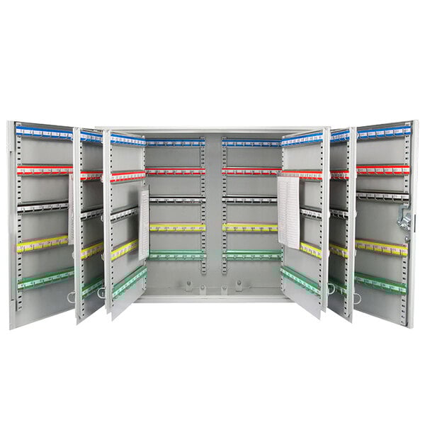 A close-up of a grey metal Barska key cabinet with open doors.