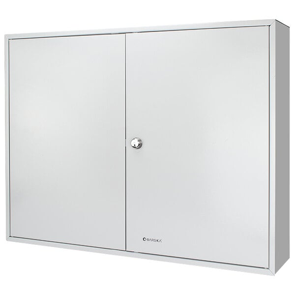 A gray steel Barska key cabinet with two doors.
