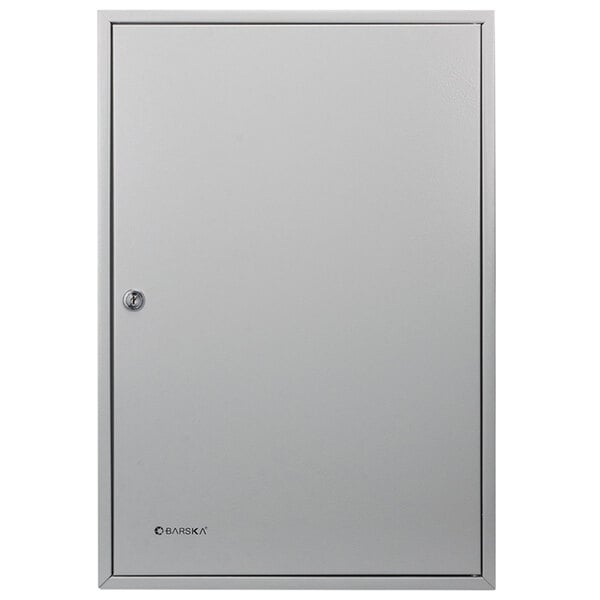 A gray steel Barska key cabinet with a keyhole on the front.