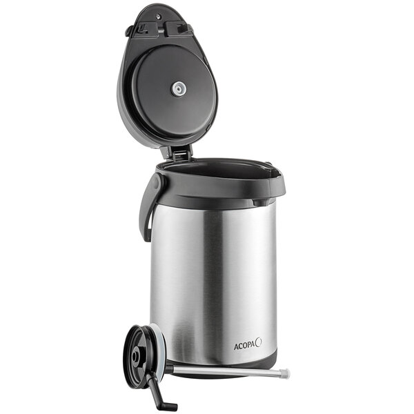 An Acopa stainless steel coffee airpot with a black metal lever.