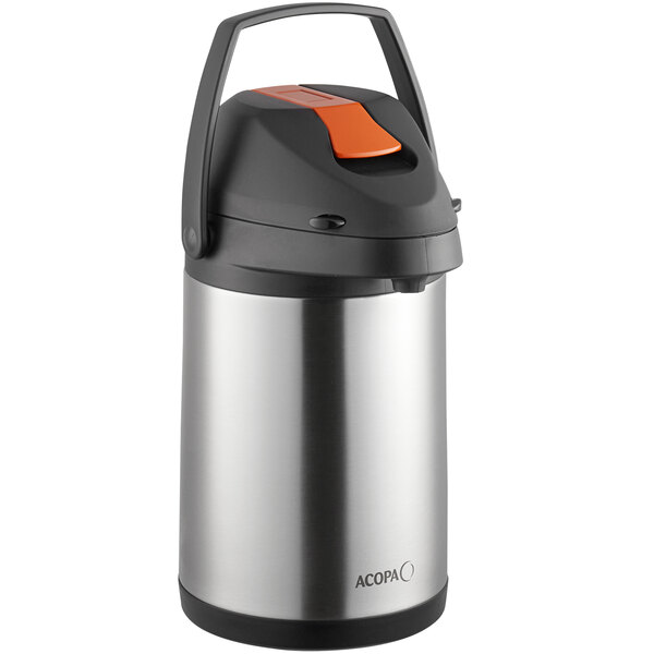 An Acopa stainless steel decaf airpot with a metal lever.