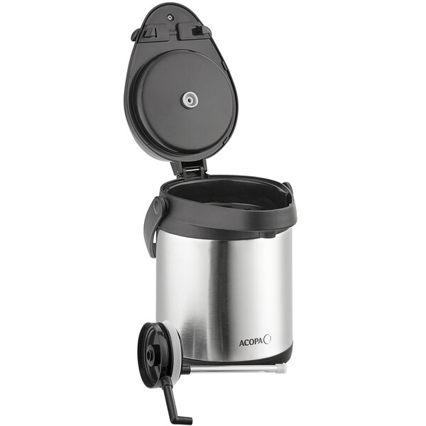 An Acopa stainless steel airpot with a black lid and metal lever.