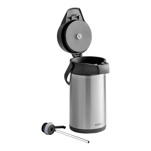 A stainless steel lined airpot with a push button and an open lid, designed for serving decaf beverages.