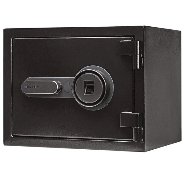 A Barska black steel fireproof biometric security safe with fingerprint lock and key access.