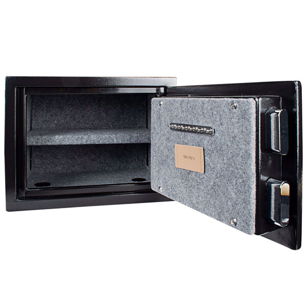 A Barska black steel fireproof biometric security safe with the door open.