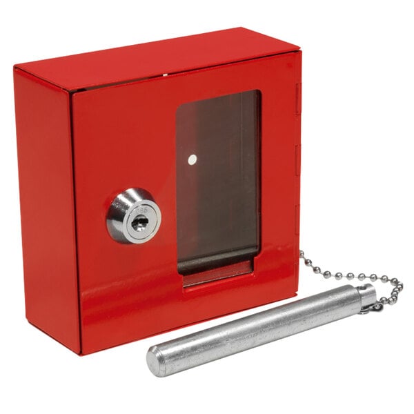 A red steel Barska emergency key box with a key and a metal chain.