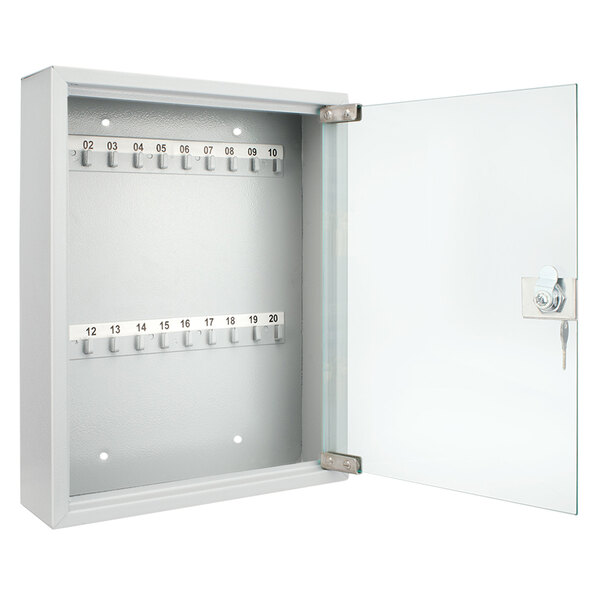 A gray metal Barska key cabinet with a glass door and lock.