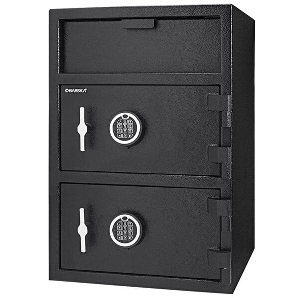 A black Barska steel locker depository safe with independent bottom locker access and two locks.