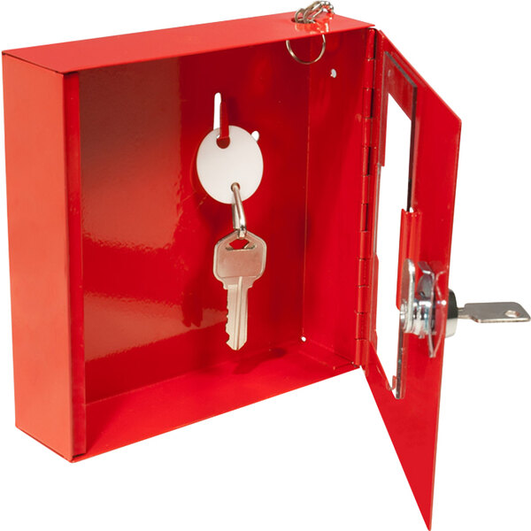 A red steel Barska emergency key box with keys inside.