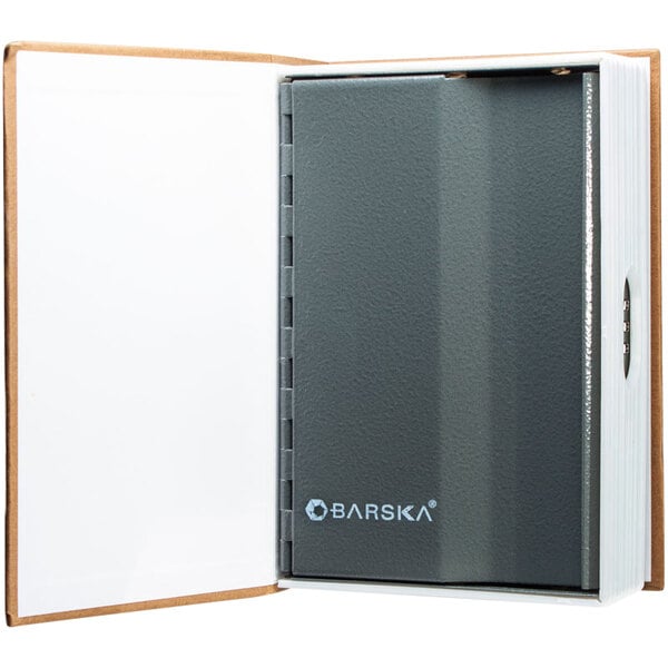 A grey rectangular Barska steel security box designed to look like a book cover.