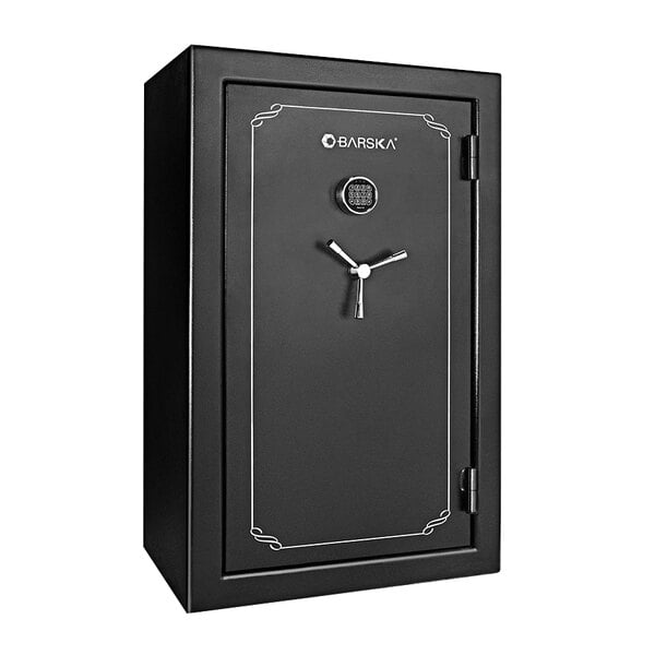 A Barska black steel fire vault security safe with a keypad lock.