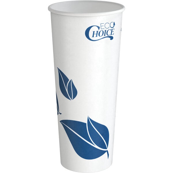 A white EcoChoice paper hot cup with blue leaf print.