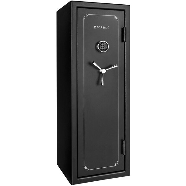 A black Barska fire vault security safe with a keypad lock.