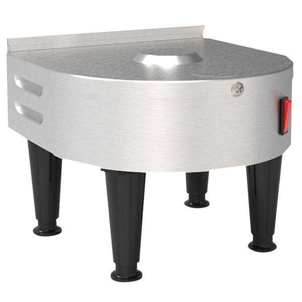 A Grindmaster stainless steel and black metal stand with two legs for PrecisionBrew coffee shuttles.