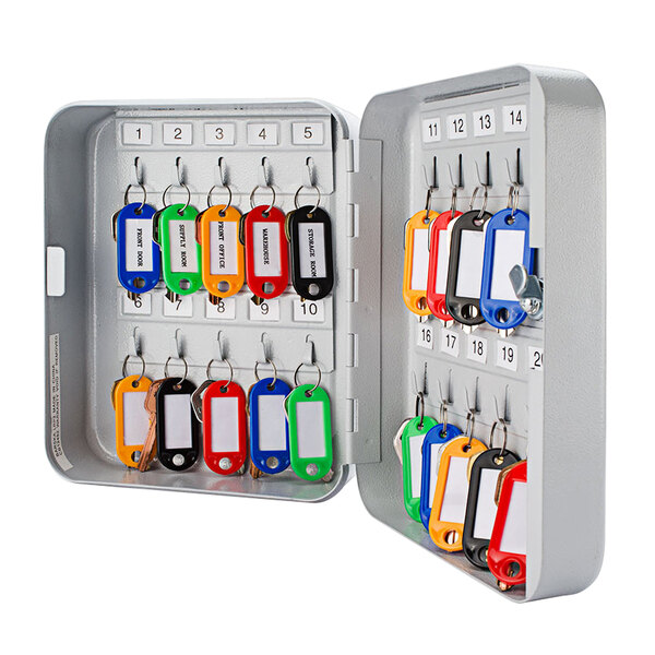 A gray steel Barska key cabinet with key tags inside.