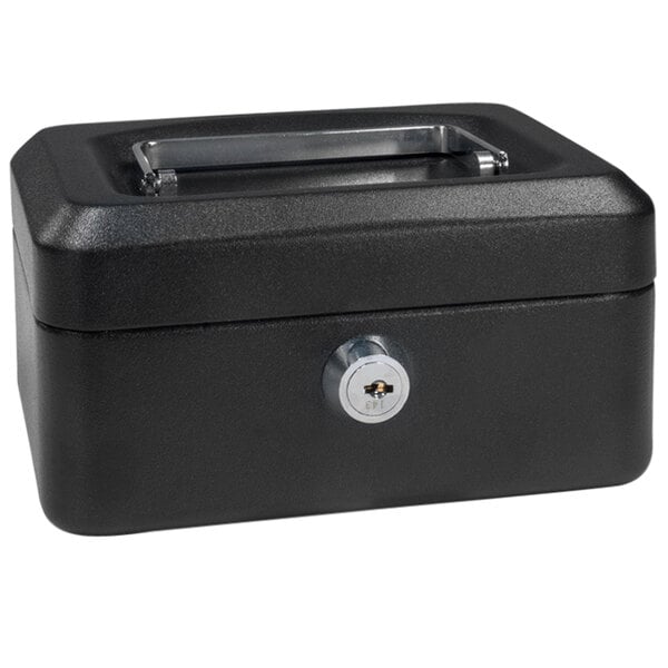 A black Barska cash box with a key lock.