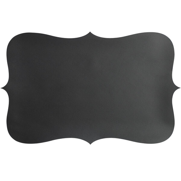 A white rectangular sign with a black rectangular chalkboard label with a curved edge.