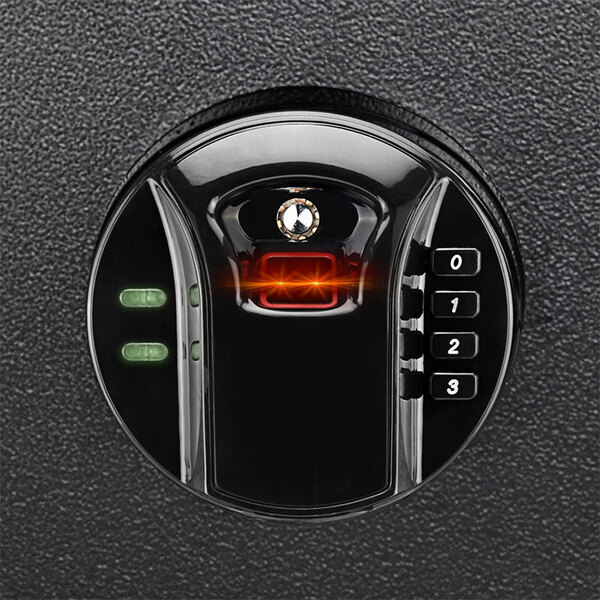 A black Barska large surface-mount safe with a red electronic lock.