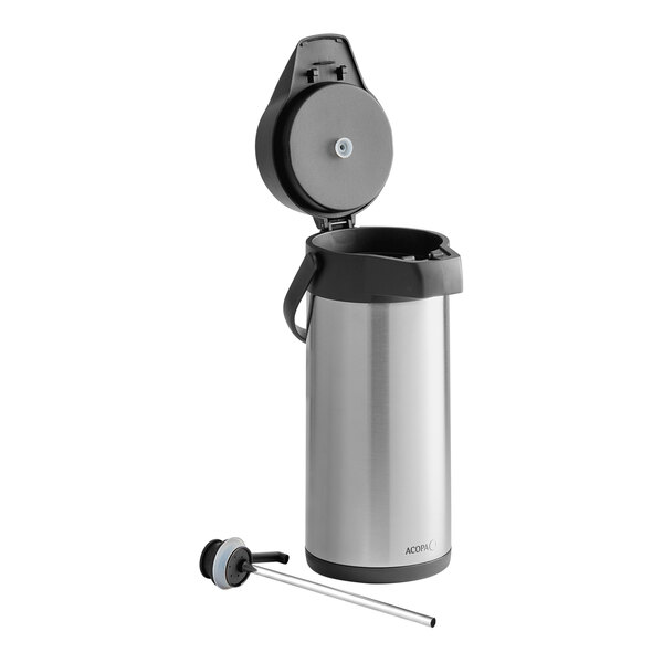 A stainless steel 3-liter airpot with a push button lid and a removable pump stem, designed for serving decaf beverages.
