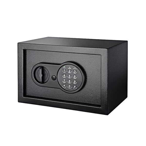 A black Barska security safe with a digital keypad and key lock.
