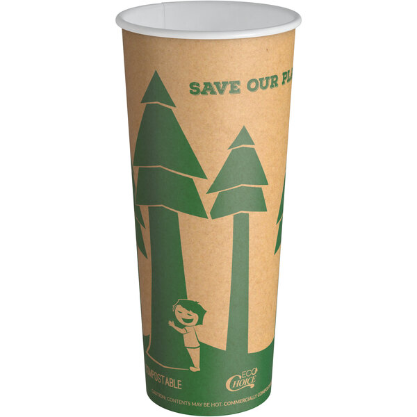 A EcoChoice paper hot cup with trees printed on it.