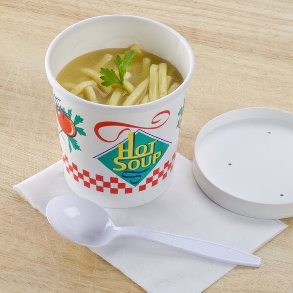 A Solo paper soup cup with a vented plastic lid and a plastic spoon.