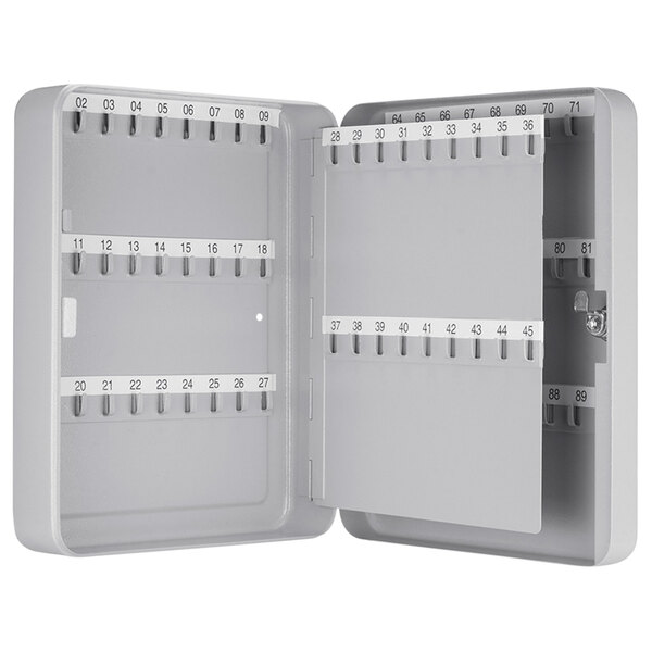A gray metal Barska key cabinet with key lock and key holders.