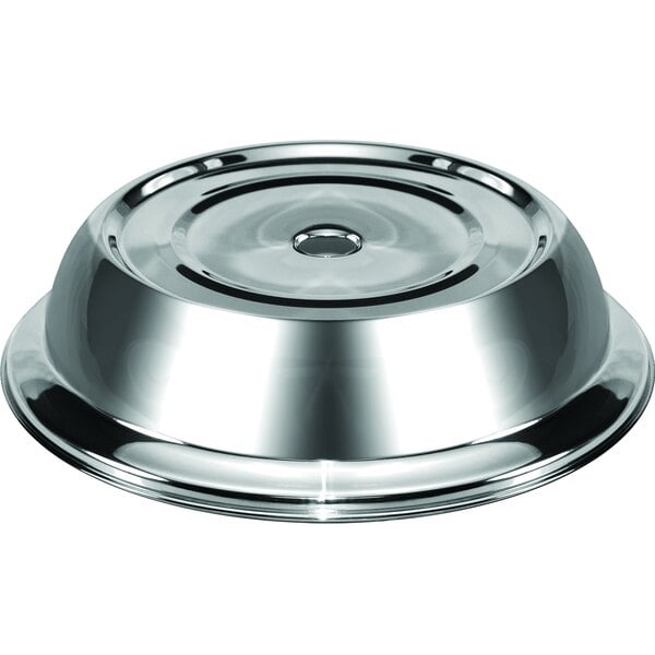 A stainless steel International Tableware dome plate cover with a circular rim.